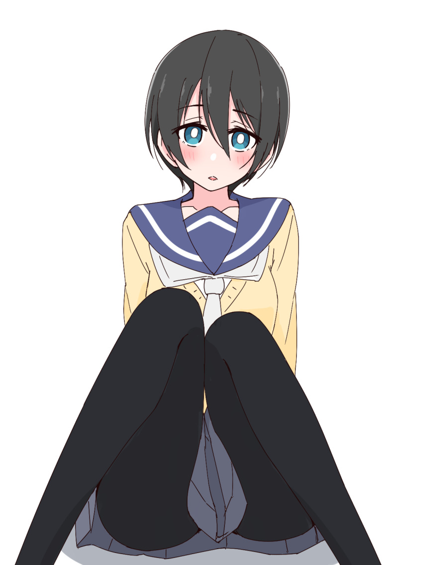 1girl ame_(amechan17391739) black_hair black_legwear blue_eyes bright_pupils highres legs_up pantyhose parted_lips sailor_collar saitou_ena school_uniform short_hair sitting solo white_background white_pupils yurucamp