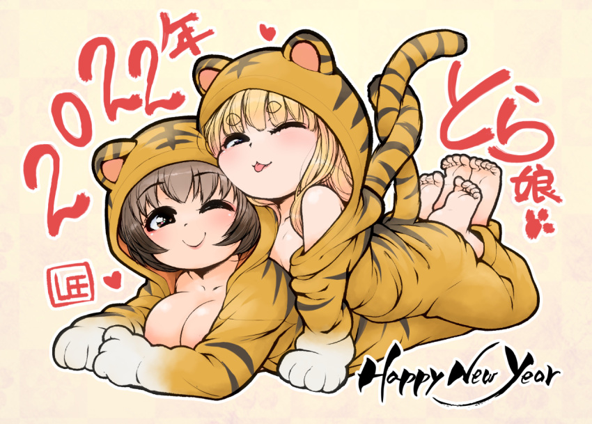 2022 2girls :3 :p animal_costume animal_ears animal_hood animal_print artist_name bare_shoulders barefoot blonde_hair blue_eyes breast_press breasts brown_eyes brown_hair chinese_zodiac cleavage commentary_request costume eyebrows_visible_through_hair fake_animal_ears feet happy_new_year hood intertwined_tails komugi_(lee) lee_(colt) legs_up looking_at_viewer lying lying_on_person miku_(lee) multiple_girls new_year off_shoulder on_stomach one_eye_closed original short_hair smile soles tail thick_eyebrows tiger_costume tiger_ears tiger_hood tiger_print tiger_tail toes tongue tongue_out year_of_the_tiger