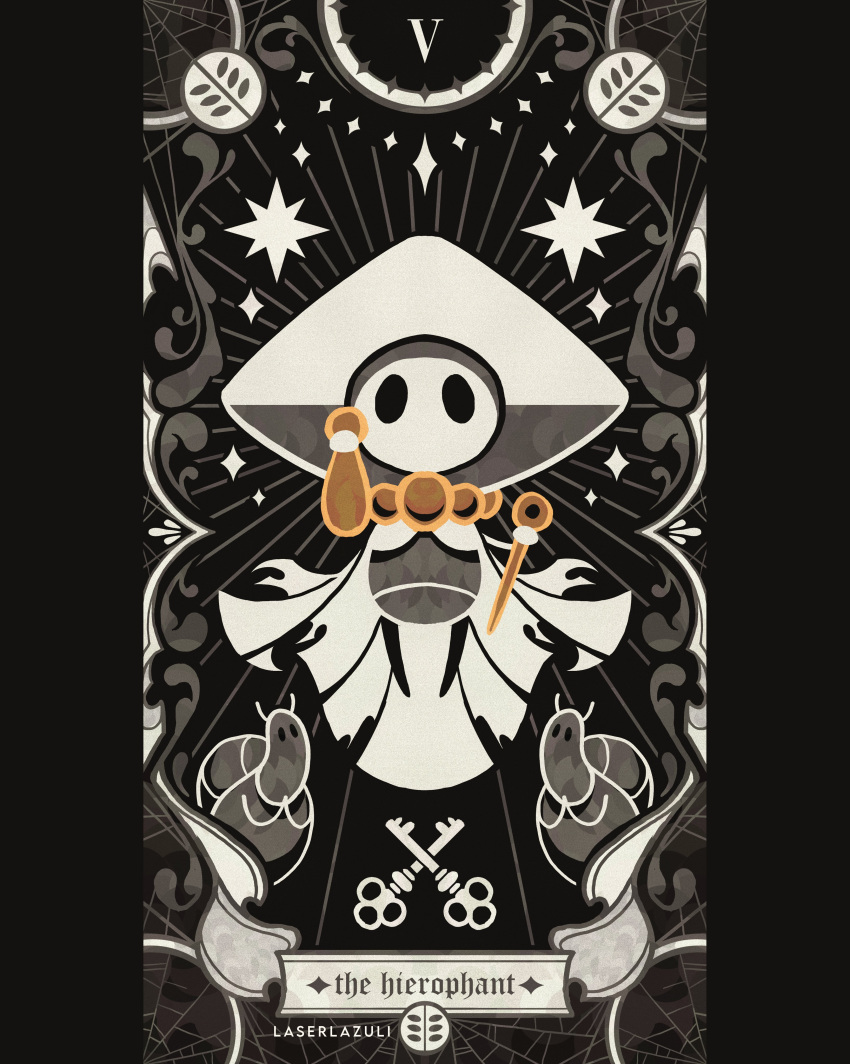 1boy absurdres arthropod_boy artist_name black_eyes black_skin cape card_(medium) cloak colored_skin english_commentary english_text facing_viewer full_body greyscale hat highres holding holding_instrument hollow_eyes hollow_knight hollow_knight:_silksong instrument key laserlazuli looking_at_another mask monochrome pillarboxed sherma_(hollow_knight) silk spider_web spot_color tarot tarot_(medium) the_fool_(tarot) worm