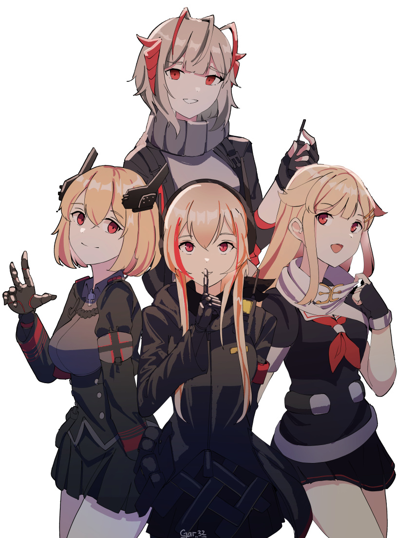 4girls absurdres arknights artist_name azur_lane blonde_hair breasts crossover finger_to_mouth fingerless_gloves gar32 girls'_frontline gloves hair_flaps highres horns kantai_collection long_hair look-alike looking_at_viewer m4_sopmod_ii_(girls'_frontline) mechanical_hands medium_breasts multicolored_hair multiple_girls neckerchief red_eyes red_neckerchief remodel_(kantai_collection) roon_(azur_lane) sailor_collar scarf school_uniform serafuku short_hair shushing sidelocks smile streaked_hair thighs trait_connection twitter_username v w_(arknights) waving white_scarf yuudachi_(kancolle)