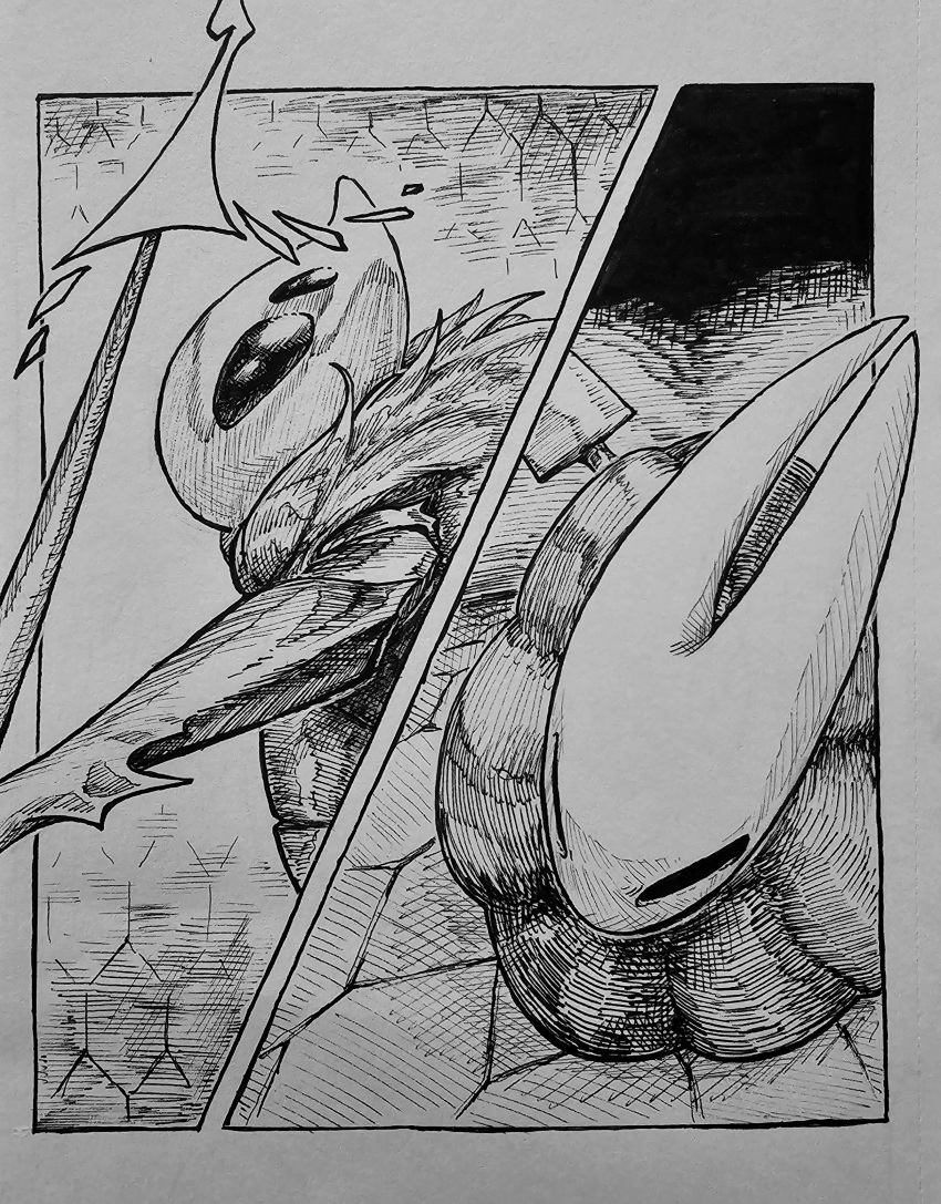 2025 2_horns absurd_res ambiguous_gender anthro arthropod bee black_eyes cloak clothed clothing duo female_(lore) hi_res holding_melee_weapon holding_object holding_weapon hollow_knight_(franchise) horn hornet_(hollow_knight) hymenopteran inktober insect melee_weapon monochrome multi_eye neck_tuft queen_vespa_(hollow_knight) sharpski team_cherry tuft weapon