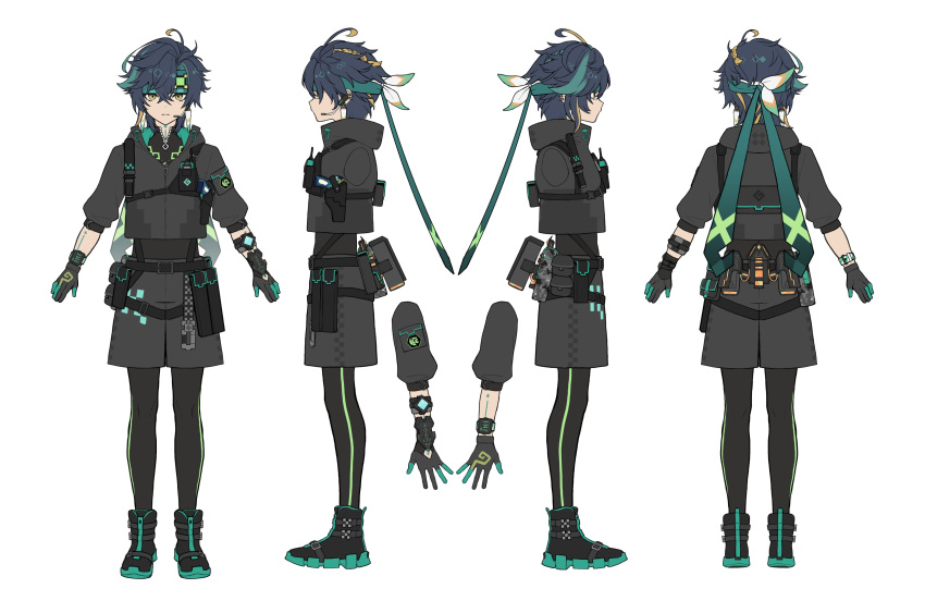 1boy a-pose absurdres ahoge alternate_costume ammunition_pouch aqua_headband arm_tattoo belt_pouch black_boots black_gloves black_hair black_leggings boots braid buckle closed_mouth cropped_arms cropped_jacket crossed_bangs earpiece earrings expressionless from_behind full_body genshin_impact geo_symbol_(genshin_impact) gloves grappling_hook green_eyes green_headband grey_jacket grey_shorts gun handgun headband highres holding holding_gun holding_weapon holster hood hooded_jacket hook hoyofair jacket jewelry kinich_(genshin_impact) knife_sheath leggings load_bearing_equipment magazine_(weapon) male_focus multiple_views neck_tattoo pda pouch reference_sheet seallllion sheath short_hair short_sleeves shorts side_braid simple_background snap-fit_buckle spiked_ear_piercing standing straight-on tactical_clothes tattoo turnaround walkie-talkie watch weapon weapon_request white_background wristwatch zipper zipper_pull_tab