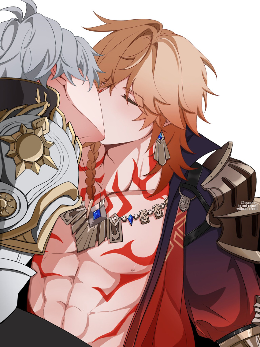 2boys abs antenna_hair arm_tattoo armlet armor black_coat black_shirt blonde_hair blush braid chest_tattoo clawed_gauntlets closed_eyes coat commentary earrings english_commentary facial_tattoo gold_earrings gold_necklace gradient_hair highres honkai:_star_rail honkai_(series) jewelry kiss male_focus medium_hair multicolored_hair multiple_boys mydei_(honkai:_star_rail) necklace open_clothes open_coat pauldrons phainon_(honkai:_star_rail) red_hair red_tattoo shirt short_hair shoulder_armor side_braid simple_background single_pauldron ssuenn tattoo toned toned_male white_background white_coat white_hair yaoi