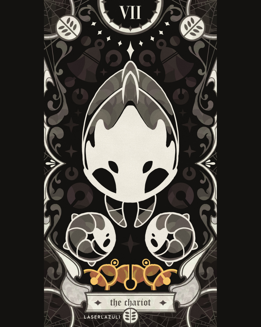 absurdres artist_name baby_animal beastling_(hollow_knight) bell_beast_(hollow_knight) bug card_(medium) curled_up english_commentary english_text full_body highres hollow_knight hollow_knight:_silksong laserlazuli mask monochrome multiple_legs no_humans pillarboxed silk solo spider_web spot_color tarot tarot_(medium) the_chariot_(tarot)