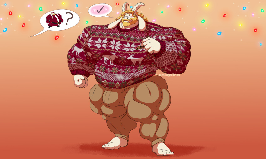 2_horns anthro asgore_dreemurr barefoot beard belly big_belly big_bulge big_muscles big_pecs blonde_beard blonde_facial_hair blonde_hair blush bottomwear bovid bulge caprine checkmark christmas christmas_clothing christmas_decorations christmas_lights christmas_sweater christmas_topwear clothing curly_hair facial_hair feet fist goat gradient_background hair hi_res holidays horn huge_muscles huge_pecs long_hair male mammal musclegut muscular muscular_anthro muscular_male overweight overweight_anthro overweight_male pants pecs question_mark silver-stag simple_background solo speech_bubble standing sweater tan_bottomwear tan_clothing tan_pants thick_thighs topwear undertale_(series)