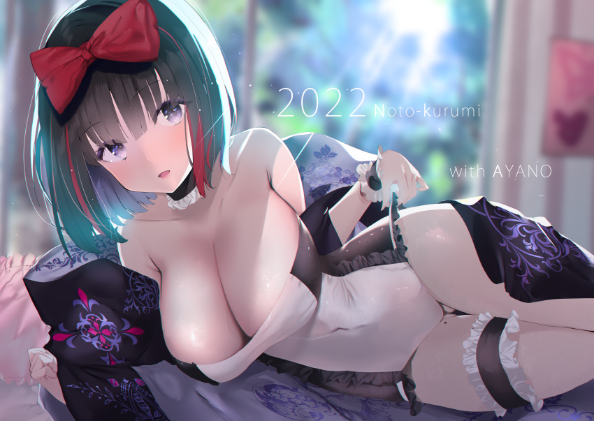 1girl bangs black_hair black_kimono blunt_bangs blurry blurry_background bob_cut bow breasts choker cleavage collarbone commentary_request covered_navel english_text eyebrows_visible_through_hair frilled_choker frills hair_bow highres indoors japanese_clothes kimono large_breasts leotard looking_at_viewer lying mole mole_on_thigh multicolored_hair noto_kurumi on_side open_mouth original print_kimono purple_eyes red_hair smile solo streaked_hair thigh_strap two-tone_hair white_leotard window