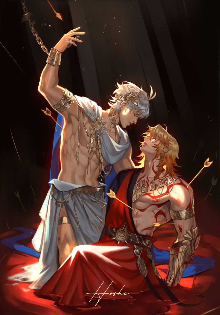 2boys abs absurdres ancient_greek_clothes antenna_hair arm_tattoo arrow_(projectile) arrow_in_body blonde_hair blue_cape blue_eyes braid cape chest_tattoo chiton closed_eyes commentary commission facial_tattoo gradient_hair greco-roman_clothes highres honkai:_star_rail honkai_(series) hoshi_sama2 laurel_crown male_focus medium_hair multicolored_hair multiple_boys mydei_(honkai:_star_rail) parted_bangs phainon_(honkai:_star_rail) red_hair red_tattoo short_hair side_braid tattoo toned toned_male white_hair yaoi yellow_blood