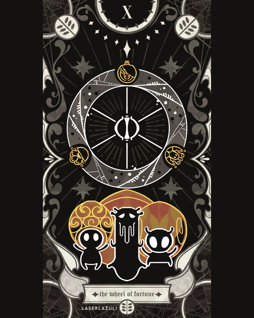 1girl 2boys absurdres artist_name bell_hermit_(hollow_knight) black_skin blank_eyes bug card_(medium) caretaker_(hollow_knight) chapel_maid_(hollow_knight) cloak colored_skin english_commentary english_text full_body highres hollow_knight hollow_knight:_silksong laserlazuli multiple_boys pillarboxed silk snail solo spider_web spot_color tarot tarot_(medium) uncle_and_nephew uncle_and_niece wheel_of_fortune_(tarot)