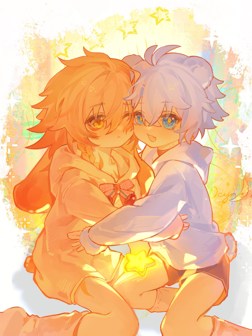 2boys absurdres aged_down animal_ears antenna_hair bear_boy bear_ears bear_tail black_choker blonde_hair blue_eyes braid child chinese_commentary choker commentary_request facial_tattoo gradient_hair highres honkai:_star_rail honkai_(series) hood hood_down hoodie male_focus medium_hair multicolored_hair multiple_boys mydei_(honkai:_star_rail) neck_tattoo one_eye_closed phainon_(honkai:_star_rail) pink_hoodie rabbit_ears rabbit_tail red_hair red_tattoo short_hair side_braid tail tattoo white_hair white_hoodie yellow_eyes yuqiu777