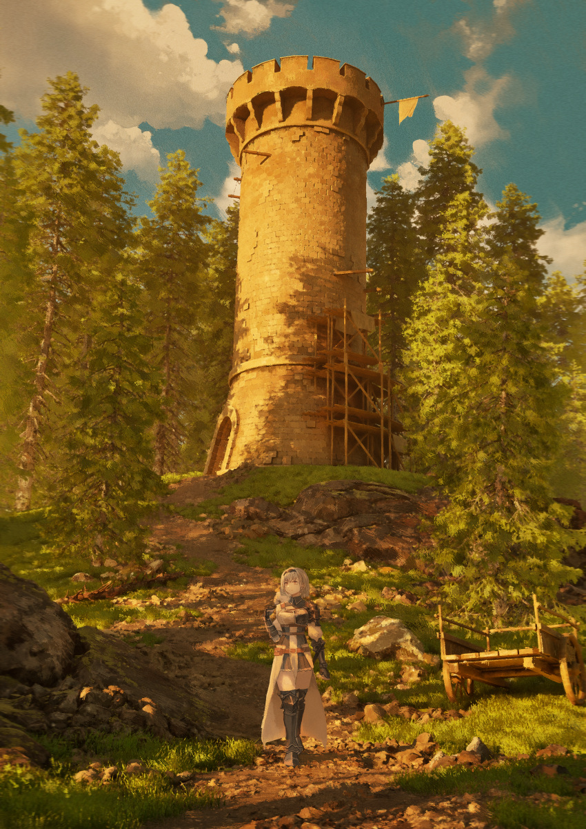 1girl absurdres arm_armor arm_up armor armored_dress carriage castle cloud dress flag forest fujidora_jp grass grey_hair highres hololive leg_armor looking_up nature outdoors pine_tree pleated_skirt puffy_sleeves rock scaffolding scenery shirogane_noel shirogane_noel_(1st_costume) short_hair skirt sky solo sunset tower tree very_wide_shot virtual_youtuber watchtower white_flag
