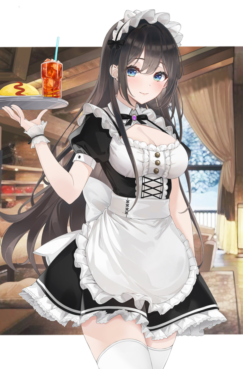 1girl absurdres apron black_hair blue_eyes breasts cleavage cleavage_cutout clothing_cutout cup curtains dress drinking_glass drinking_straw food frilled_dress frills highres holding holding_tray indoors lebring looking_at_viewer maid maid_apron maid_headdress medium_breasts omurice original puffy_short_sleeves puffy_sleeves short_sleeves smile solo thighhighs thighs tray white_legwear window wooden_floor wooden_wall wrist_cuffs