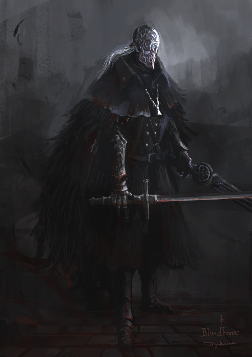 1boy artist_name black_cape black_capelet bloodborne bloody_crow_of_cainhurst cape capelet chikage_(bloodborne) copyright_name full_body gauntlets gradient gradient_background grey_background grey_hair gun helmet highres holding holding_gun holding_weapon long_hair long_sleeves solo standing sword tripdancer weapon