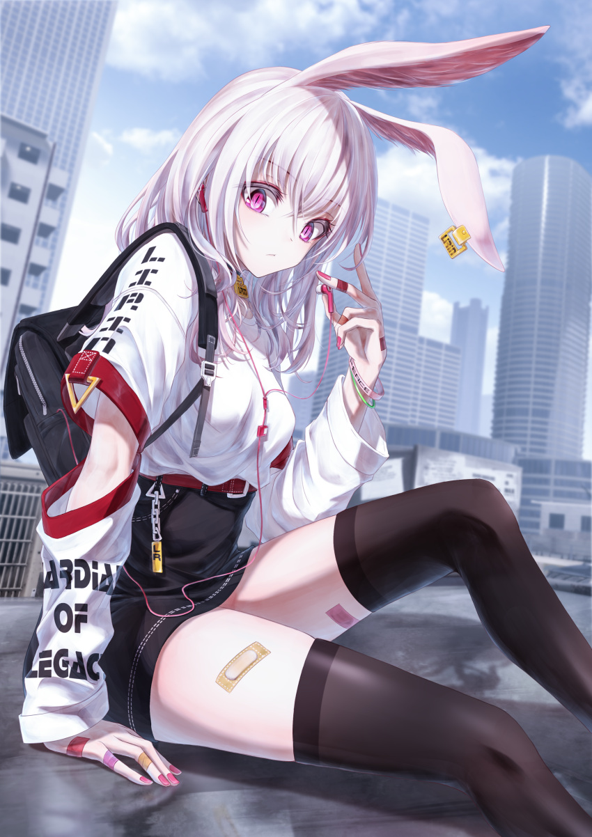 1girl absurdres animal_ears arm_support bae.c bandaid black_legwear black_skirt blue_sky blurry breasts building cityscape closed_mouth cloud commentary day depth_of_field ear_tag earphones english_commentary hand_up high-waist_skirt highres holding jewelry knee_up lirin_(bae.c) long_hair long_sleeves looking_at_viewer medium_breasts miniskirt nail_polish original outdoors pink_nails purple_eyes rabbit_ears ring shirt shirt_tucked_in sitting skirt sky skyscraper slit_pupils solo thighhighs tsumi_no_hahen_(debris) white_hair white_shirt zettai_ryouiki