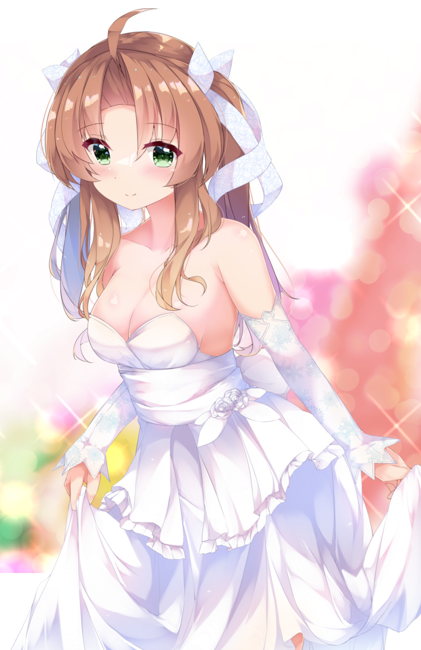 1girl absurdres ahoge alternate_eye_color blush breasts brown_hair cleavage closed_mouth clothes_lift collarbone cowboy_shot dress dress_lift elbow_gloves eyebrows_visible_through_hair fuuna gloves green_eyes highres kagerou_(kancolle) kantai_collection lifted_by_self long_hair medium_breasts smile solo sparkle twintails wedding_dress white_dress white_gloves