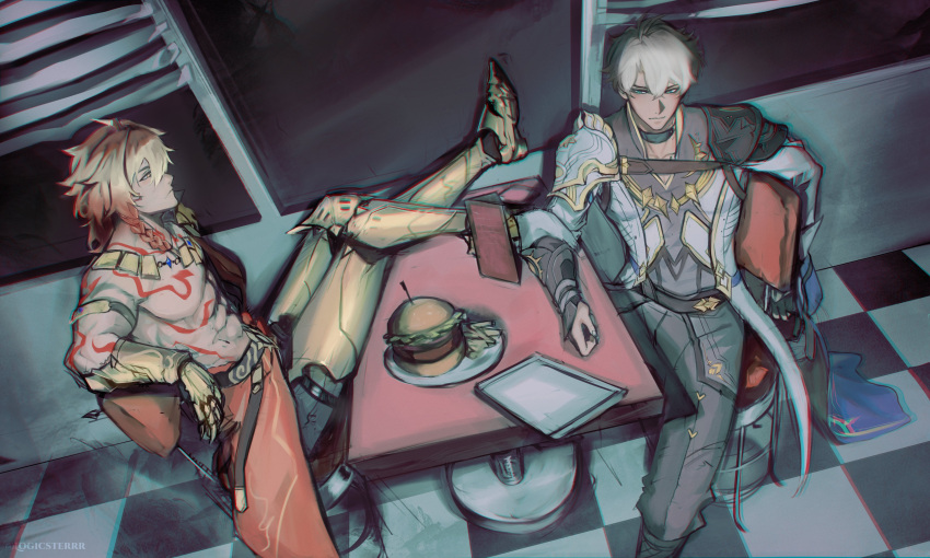 2boys abs absurdres antenna_hair arm_tattoo armlet armor armored_boots black_choker black_coat black_pants black_shirt blonde_hair blue_cape blue_eyes boots braid cape chest_tattoo choker clawed_gauntlets coat commentary earrings english_commentary facial_tattoo gold_earrings gold_necklace gradient_hair highres honkai:_star_rail honkai_(series) jewelry logicsterrr male_focus medium_hair multicolored_hair multiple_boys mydei_(honkai:_star_rail) neck_tattoo necklace open_clothes open_coat pants parted_bangs pauldrons phainon_(honkai:_star_rail) red_hair red_tattoo shirt short_hair shoulder_armor side_braid single_pauldron sun_symbol sun_tattoo tattoo toned toned_male white_coat white_hair yellow_eyes