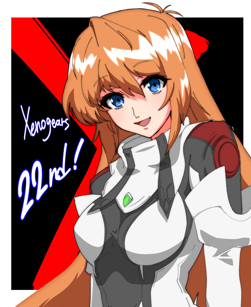 1girl blue_eyes breasts copyright_name elhaym_van_houten highres long_hair looking_at_viewer open_mouth orange_hair smile solo syako xenogears