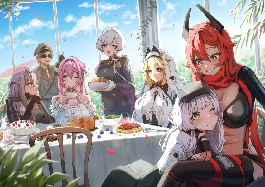 1boy 6+girls :d absurdres ahoge aiguillette antenna_hair arm_around_shoulder arm_guards armored_bodysuit bare_shoulders black_bow black_bowtie black_dress black_gloves black_jacket black_pants black_robe blonde_hair blue_eyes blue_sky blush bodysuit bow bowl bowtie breasts bridal_gauntlets brown_hair brown_jacket brown_pants cake cape chair chicken_(food) cleavage cloak closed_mouth clothing_cutout cloud collarbone commentary_request cropped_jacket cross cross_necklace cup day detached_sleeves dorothy_(nikke) double-parted_bangs dress earrings fingerless_gloves flower-shaped_hair food food_on_face forehead fork frills gloves goddess_(nikke) goddess_of_victory:_nikke grey_bodysuit grey_hair grin group_picture hair_between_eyes hair_bun hair_flaps hair_intakes hat head-mounted_display highres hip_vent holding holding_bowl holding_cup horns indoors jacket jewelry large_breasts leather leather_jacket leather_pants leg_cutout liliweiss_(nikke) long_hair long_sleeves looking_at_another mechanical_horns medium_breasts military_hat military_jacket military_uniform multicolored_hair multiple_girls navel necklace nun official_alternate_costume one_eye_closed open_mouth own_hands_clasped own_hands_together pants parted_bangs parted_lips pasta peaked_cap pink_hair purple_cape purple_eyes purple_ribbon rapunzel_(nikke) rapunzel_(pure_grace)_(nikke) red_hair red_hood_(nikke) red_scarf ribbon robe salad scarf scarlet_(black_shadow)_(nikke) scarlet_(nikke) short_hair shupita side_cape sidelocks single_side_bun sitting sky sleeveless sleeveless_dress smile snow_white_(innocent_days)_(nikke) snow_white_(nikke) spaghetti standing star-shaped_pupils star_(symbol) steam stomach sunglasses suspenders symbol-shaped_pupils table teacup teeth the_legendary_commander_(nikke) tight_clothes tight_dress unzipped very_long_hair white_bodysuit white_cloak white_dress white_gloves white_hair yellow_eyes zipper