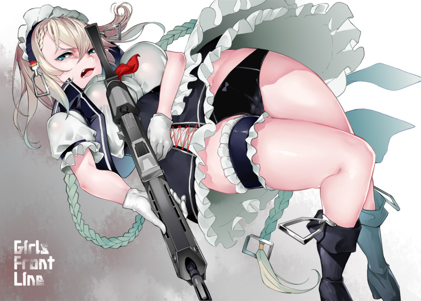 1girl assault_rifle bangs black_panties blonde_hair blue_eyes bow bow_panties braid braided_bangs commentary_request copyright_name frills g36_(girls'_frontline) girls'_frontline gloves gun h&amp;k_g36 hair_between_eyes heckler_&amp;_koch holding holding_gun holding_weapon iapoc long_hair looking_at_viewer maid maid_day maid_headdress navel open_mouth panties puffy_short_sleeves puffy_sleeves rifle short_sleeves sidelocks solo underwear very_long_hair weapon white_gloves