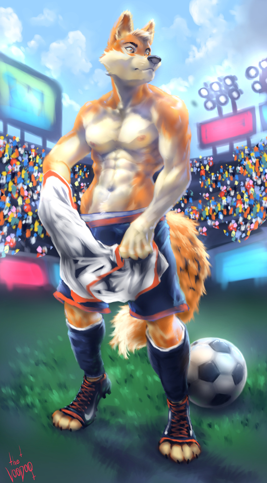 absurd_res anthro athletic canid canine colored fox hi_res himbo male mammal muscular pinup pose shirtless solo sport sportswear the_v00d00