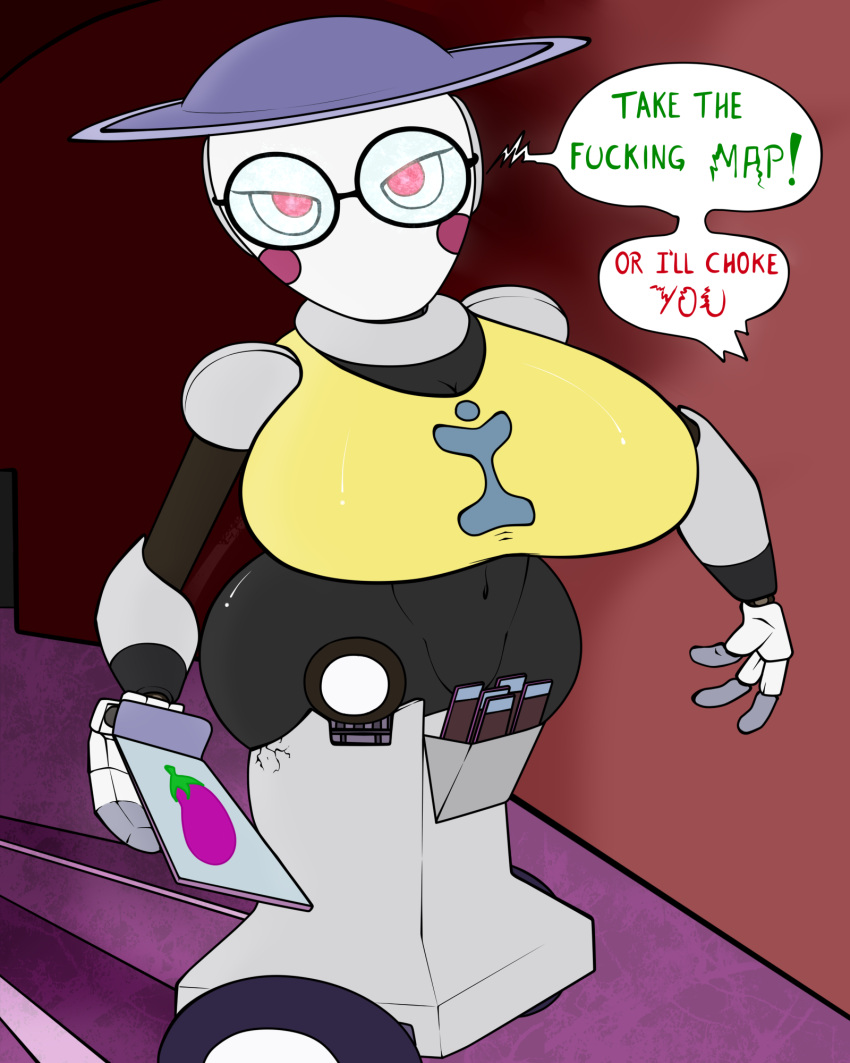 angry_eyes big_breasts big_butt breasts butt censored_pussy clothing dialogue eyewear female five_nights_at_freddy's five_nights_at_freddy's:_security_breach glasses hat headgear headwear hi_res holding_object humanoid looking_at_viewer machine map_bot_(fnaf) maxhe navel robot robot_humanoid scottgames simple_background solo solo_focus threatening video_games wheels