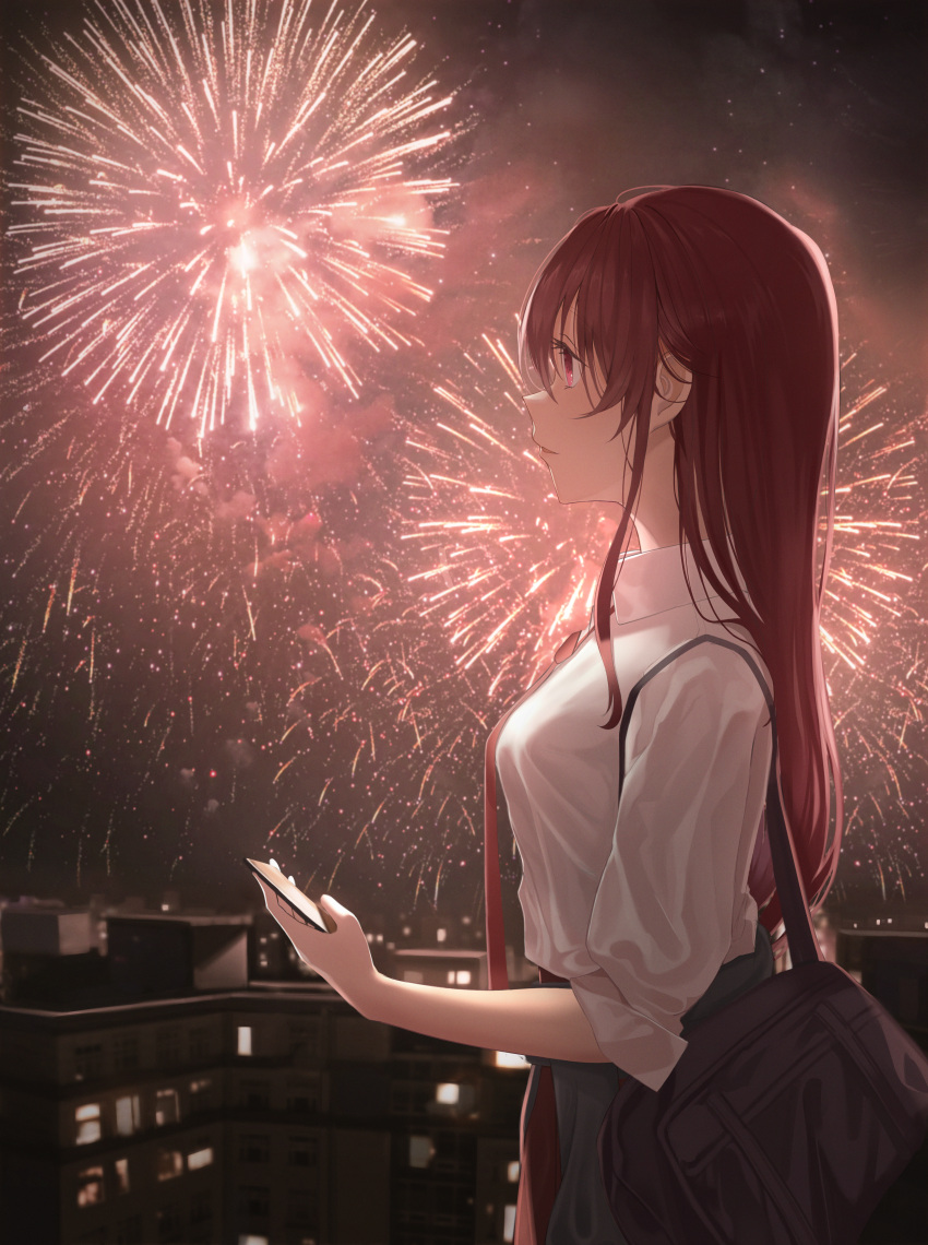 1girl absurdres bag bangs breasts closed_mouth collared_shirt fireworks hair_between_eyes highres holding hololive houshou_marine long_hair medium_breasts necktie night profile red_eyes red_hair red_necktie rianya07 shiny shiny_hair shirt sleeves_rolled_up solo standing straight_hair very_long_hair virtual_youtuber white_shirt wing_collar