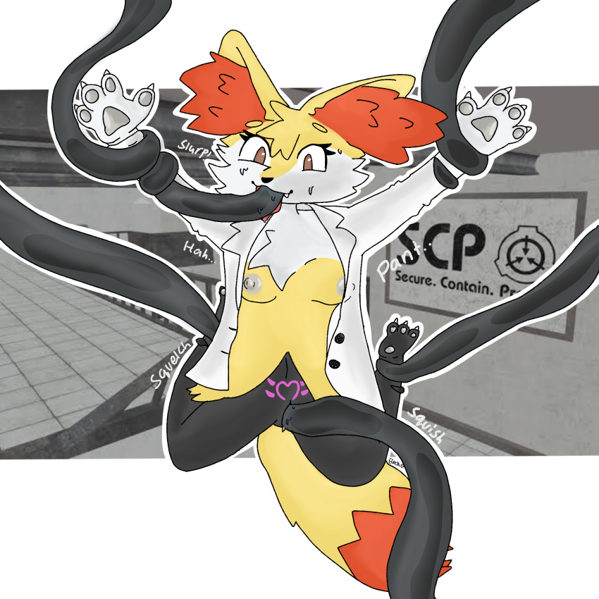 ambiguous_gender anthro arms_tied bent_legs black_nose bodily_fluids bound braixen breasts brown_eyes canid canine chest_tuft claws clothed clothing coat comic digital_media_(artwork) english_text faceless_character female female_focus fluffy fluffy_ears fluffy_tail fox fur genital_fluids genitals grey_body grey_fur hair heca_g hecate_(heca_g) hi_res inside intersex intersex/female lab_coat legs_back legs_tied licking mammal markings nintendo nipple_outline nipples oral oral_penetration orange_body orange_fur outline partially_clothed pawpads paws penetration pok&eacute;mon pok&eacute;mon_(species) pussy pussy_juice raised_arm restrained saliva saliva_on_tongue scp_foundation sex short_hair solo sound_effects sweat sweatdrop tentacle_bondage tentacle_in_mouth tentacle_monster tentacle_penetration tentacles text tongue tongue_out topwear tuft vaginal vaginal_penetration video_games white_body white_fur white_outline yellow_body yellow_fur