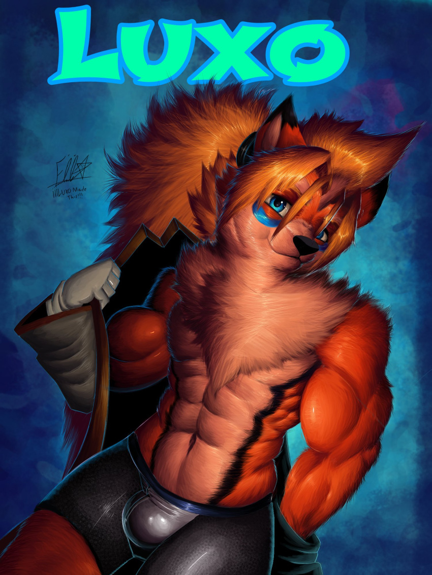 accessory anthro bangs big_bulge big_muscles bottomwear bulge bulge_through_clothing canid canine chest_tuft clothing coat complex_shading eyelashes fox fur fur_markings glistening glistening_body gloves hair hair_accessory hair_tie handwear hi_res huge_muscles iaian_luxo_fox long_hair looking_at_viewer male mammal markings muscular neck_tuft removed_clothing shirtless shorts simple_background smile solo sparkling_eyes tight_clothing topwear tuft wide_hips