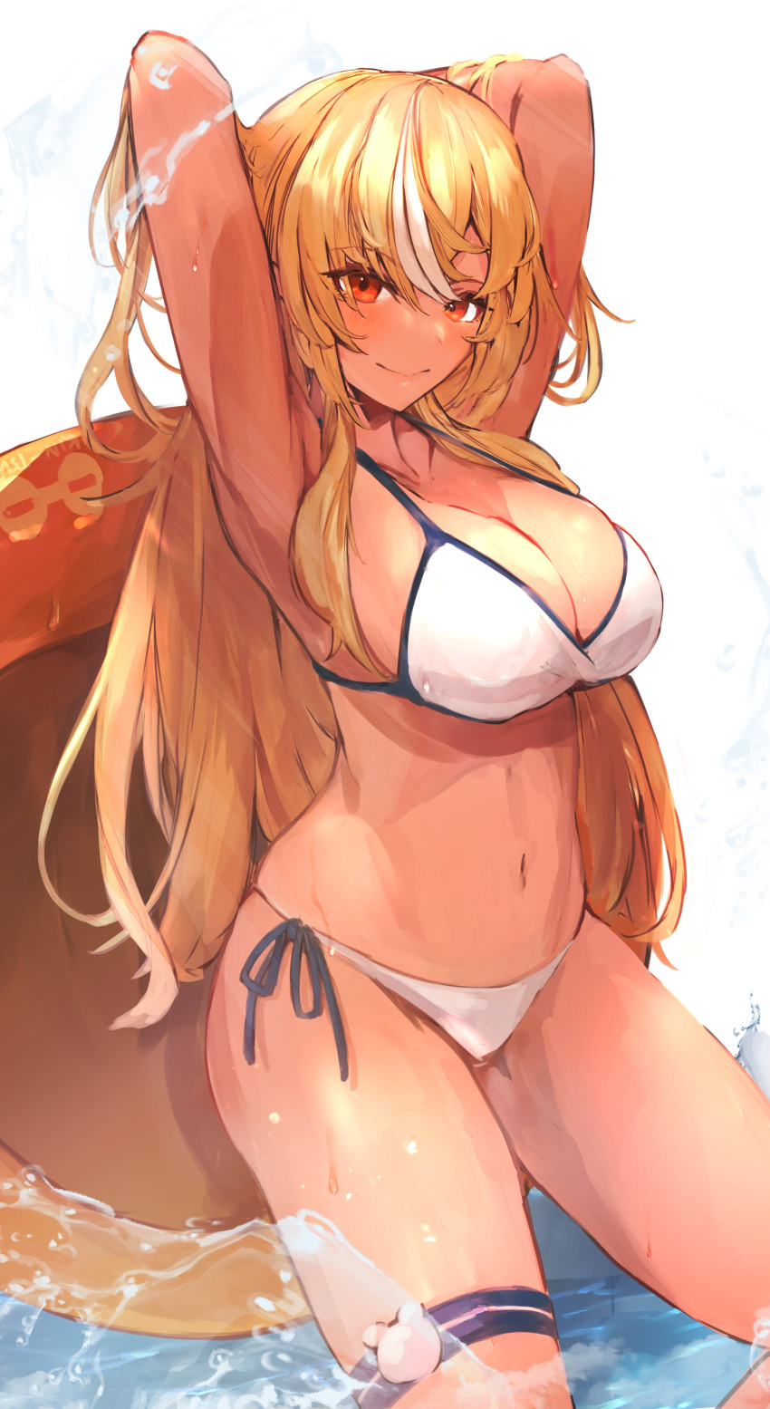 1girl absurdres armpits arms_up bangs bikini blush breasts cleavage closed_mouth commentary_request dark-skinned_female dark_skin hair_between_eyes highres hololive large_breasts long_hair looking_at_viewer multicolored_hair navel red_eyes shiranui_flare side-tie_bikini smile solo stomach streaked_hair swimsuit thigh_strap tsumeki very_long_hair virtual_youtuber white_bikini white_hair