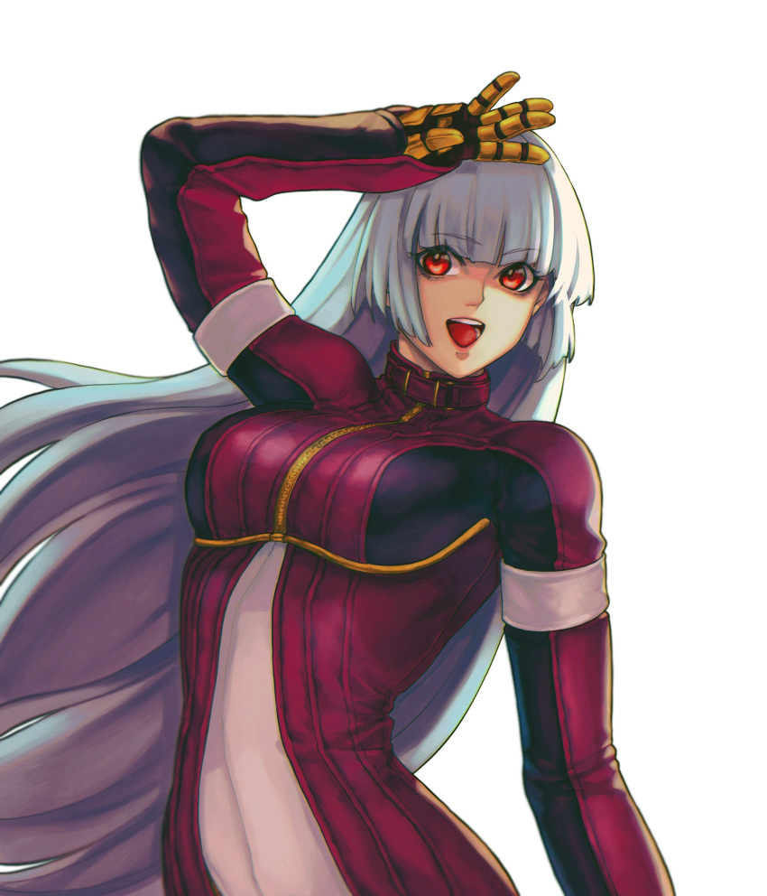 1girl absurdres bangs blue_hair bodysuit breasts cowboy_shot eyebrows_visible_through_hair gloves highres kthovhinao_virmi kula_diamond long_hair looking_at_viewer medium_breasts purple_eyes simple_background smile the_king_of_fighters the_king_of_fighters_xv white_background zipper