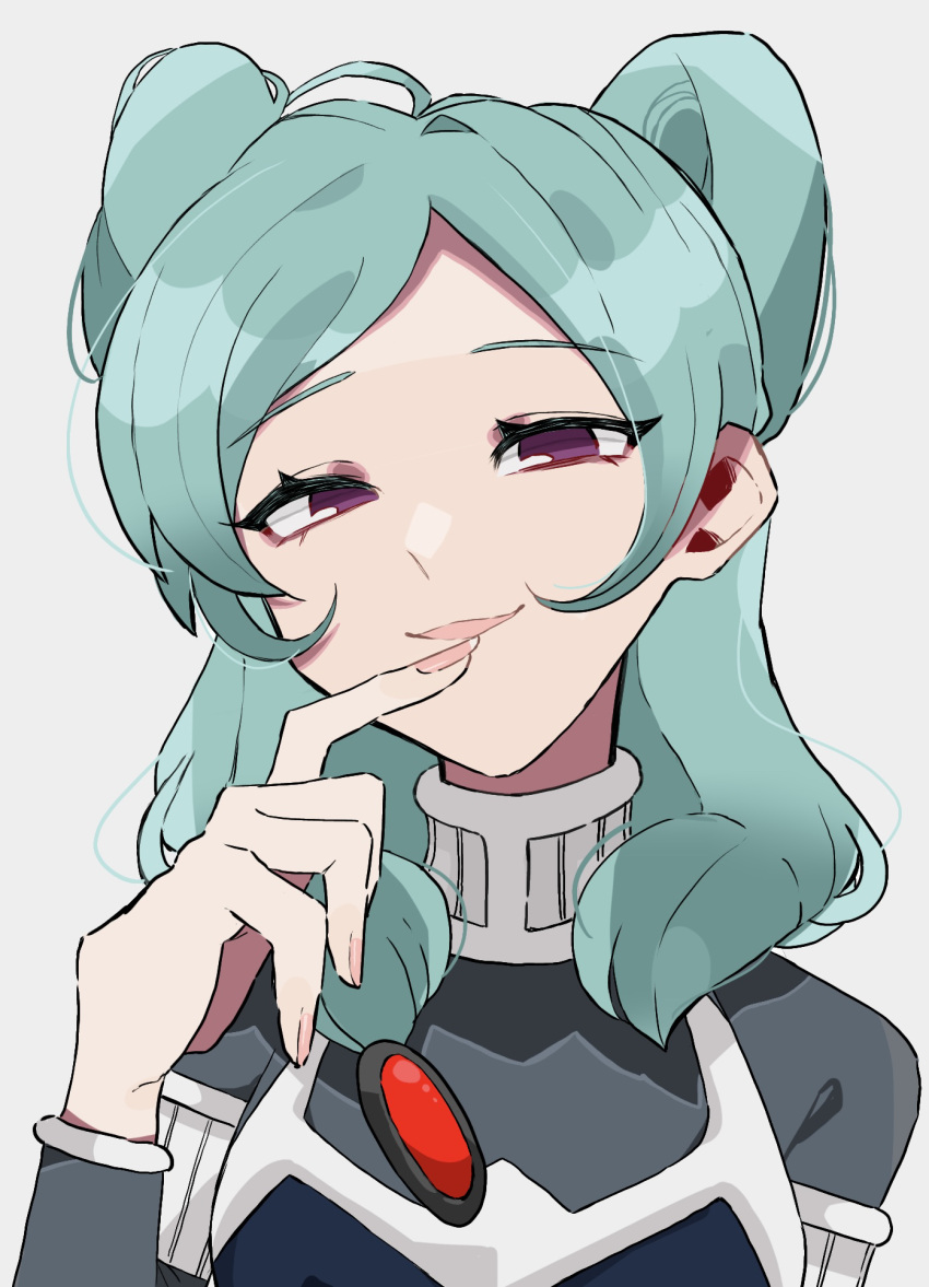 1girl aqua_hair beta_(inazuma_eleven) bodysuit commentary double_bun finger_to_mouth grey_background grey_bodysuit hair_bun highres inazuma_eleven_(series) inazuma_eleven_go inazuma_eleven_go_chrono_stone long_hair looking_at_viewer protocol_omega purple_eyes seikawa1110 simple_background smile upper_body