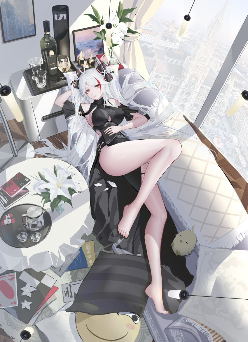 1girl absurdres ahoge alcohol arm_behind_head azur_lane bangs bare_legs barefoot book bow breasts building candle chinese_commentary city commentary_request couch cup day drinking_glass eyebrows_visible_through_hair flower hair_bow highres indoors long_hair looking_at_viewer lying medium_breasts multicolored_bow multicolored_hair on_back parted_lips picture_frame prinz_eugen_(azur_lane) prinz_eugen_(cordial_cornflower)_(azur_lane) red_eyes rib_(rib_delesetong) sideboob solo streaked_hair sunlight swept_bangs symbol-shaped_pupils thighs white_hair window wine wine_glass yellow_pupils