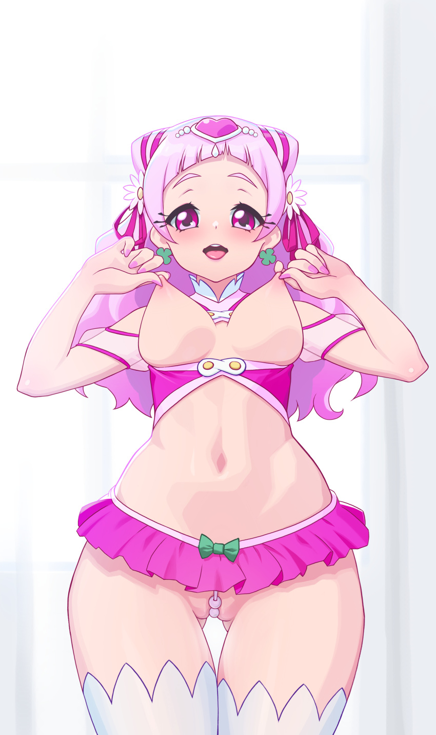 1girl absurdres ass_visible_through_thighs bangs beads breasts cameltoe clover_earrings cure_yell from_below hair_cones hair_ornament highres hugtto!_precure long_hair looking_at_viewer microskirt midriff nail_polish navel nipple_tweak nipples nypdesu open_mouth pink_eyes pink_hair pink_skirt precure self_fondle skirt solo standing teeth thick_eyebrows thick_eyelashes thighhighs upper_teeth upskirt