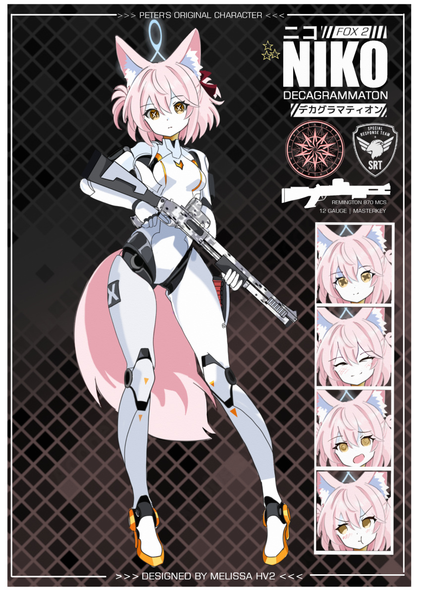 1girl absurdres alternate_costume alternate_hairstyle android animal_ear_fluff animal_ears blue_archive blush bodysuit breasts brown_eyes closed_eyes closed_mouth colored_skin commentary commission english_commentary expressionless fox_ears fox_girl fox_tail gun hair_between_eyes highres holding holding_gun holding_weapon looking_at_viewer looking_to_the_side mechanical_arms mechanical_legs medium_breasts melissa_v2 multiple_expressions niko_(blue_archive) open_mouth pink_hair pout pump_action short_hair shotgun sidelocks smile solo tail two_side_up weapon white_bodysuit white_skin