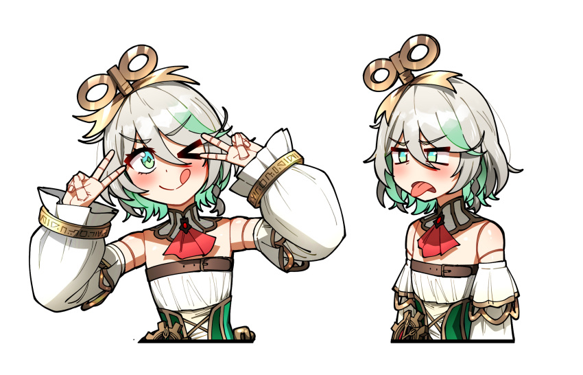 >_o 1girl ;q ascot bare_shoulders blush cecilia_immergreen cecilia_immergreen_(1st_costume) cropped_torso ddolbang detached_sleeves disgust doll_joints double_v frown green_eyes green_hair grey_hair highres hololive hololive_english joints multicolored_hair multiple_views one_eye_closed red_ascot short_hair smile tongue tongue_out transparent_background two-tone_hair v v-shaped_eyebrows virtual_youtuber winding_key