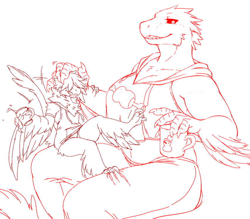 anthro big_breasts bottomwear breasts claws cleavage clothed clothing container cup dinosaur dromaeosaurid duo feathered_dinosaur feathers female finger_claws grin huge_breasts iriedono looking_at_viewer male microraptor pants reptile salt_(iriedono) scalie simple_background smile theropod utahraptor white_background