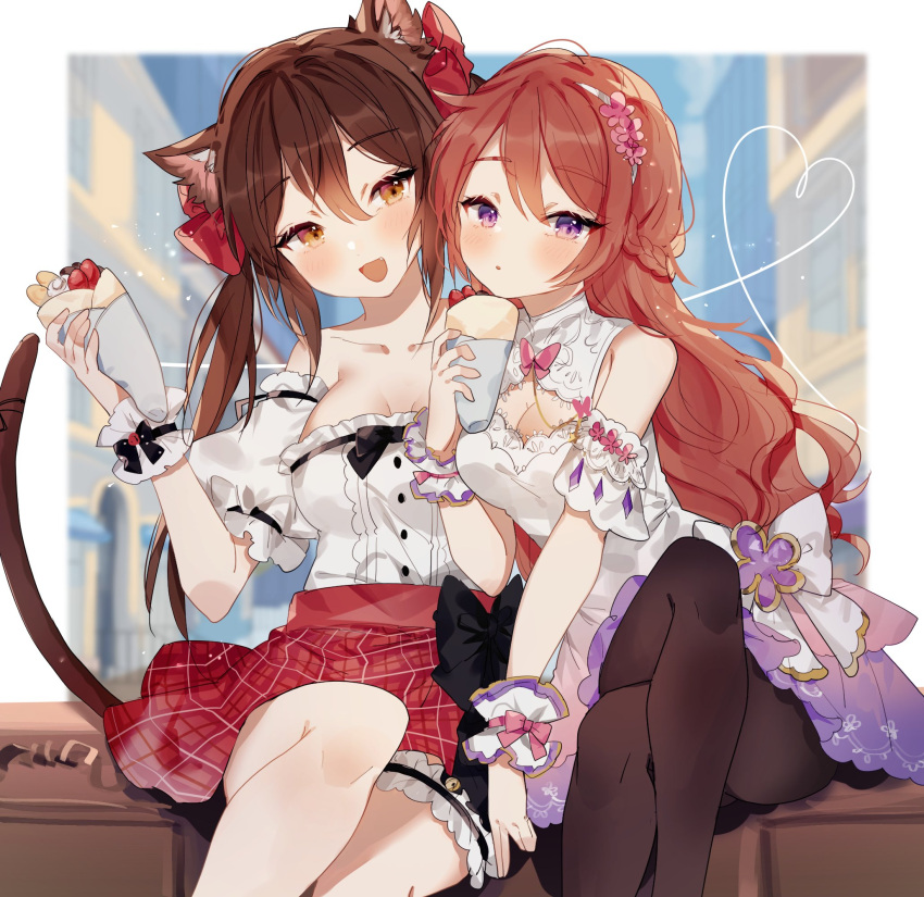 2girls :d :o black_bow black_legwear blush bow breasts brown_eyes brown_hair cleavage cleavage_cutout clothing_cutout commission crepe dress effiez_(vtuber) english_commentary eyebrows_visible_through_hair fang food heart highres holding holding_food indie_virtual_youtuber medium_breasts multiple_girls nina_saotome open_mouth pantyhose pink_bow purple_eyes red_skirt second-party_source skeb_commission skirt smile sorani_(kaeru0768) thigh_strap twintails virtual_youtuber white_dress