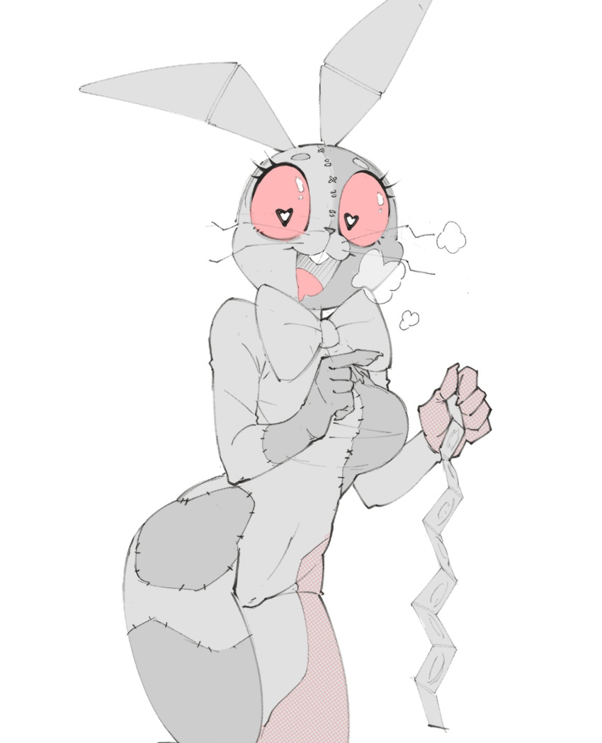 &lt;3 &lt;3_eyes anthro blush bodily_fluids breasts breath buckteeth condom condom_packet_strip drooling female five_nights_at_freddy's genitals hi_res humanoid khatnid lagomorph leporid looking_at_viewer mammal nude panting pussy rabbit ribbons saliva scottgames sexual_barrier_device solo stitch_(disambiguation) teeth tight_suit vanny_(fnaf) video_games whiskers