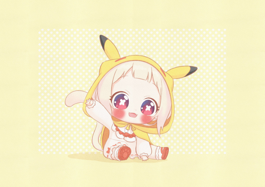 1girl :d a_xuan233 absurdres amai_hiyo animal_ears bangs blonde_hair blunt_bangs blush cat_ears cat_girl cat_tail child commentary cosplay dress eyelashes fangs forehead hand_up highres hood hood_up indie_virtual_youtuber long_sleeves looking_at_viewer open_mouth paw_print pikachu pikachu_(cosplay) puffy_long_sleeves puffy_sleeves red_eyes red_footwear shadow sidelocks simple_background sitting smile socks solo spread_legs symbol-shaped_pupils tail tail_raised virtual_youtuber yellow_background