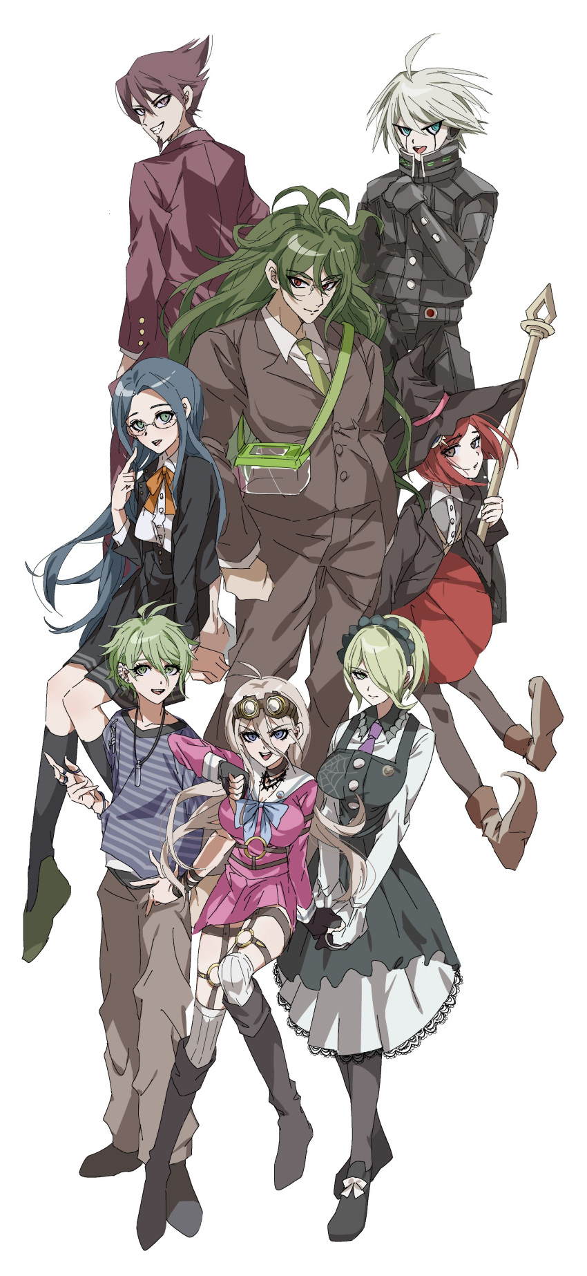 4boys 4girls absurdres ahoge amami_rantarou android antenna_hair bangs black_gloves black_headwear black_jacket blonde_hair blue_eyes blue_hair breasts collarbone danganronpa_(series) danganronpa_v3:_killing_harmony dress facial_hair glasses gloves goatee goggles goggles_on_head gokuhara_gonta green_eyes green_hair grey_hair hair_between_eyes hair_ornament hair_over_one_eye hat highres iruma_miu jacket jewelry keebo large_breasts long_hair long_sleeves looking_at_viewer maid_headdress male_focus momota_kaito multiple_boys multiple_girls necklace open_mouth pinafore_dress pleated_skirt power_armor red_hair school_uniform shirogane_tsumugi shirt short_hair simple_background skirt smile spiked_hair striped striped_shirt thumbs_down toujou_kirumi white_background witch_hat yumeno_himiko zetsujo_(mayoilove2)