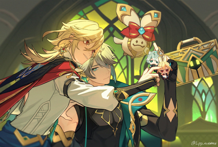 2boys alhaitham_(genshin_impact) aranara_(genshin_impact) bishounen black_shirt blonde_hair blurry character_doll closed_mouth depth_of_field doll earrings game_screenshot_background genshin_impact grey_hair hand_on_another's_shoulder highres indoors jewelry kaveh_(genshin_impact) light_smile looking_ahead looking_at_another lpp_evemace male_focus mehrak_(genshin_impact) multiple_boys parted_lips screenshot_background shirt side-by-side suitcase twitter_username upper_body white_shirt