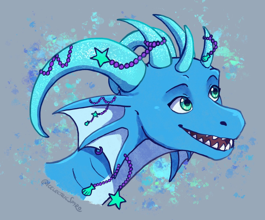 2021 digital_media_(artwork) green_eyes headshot_portrait horn icelectricspyro open_mouth portrait simple_background smile spines teeth tongue