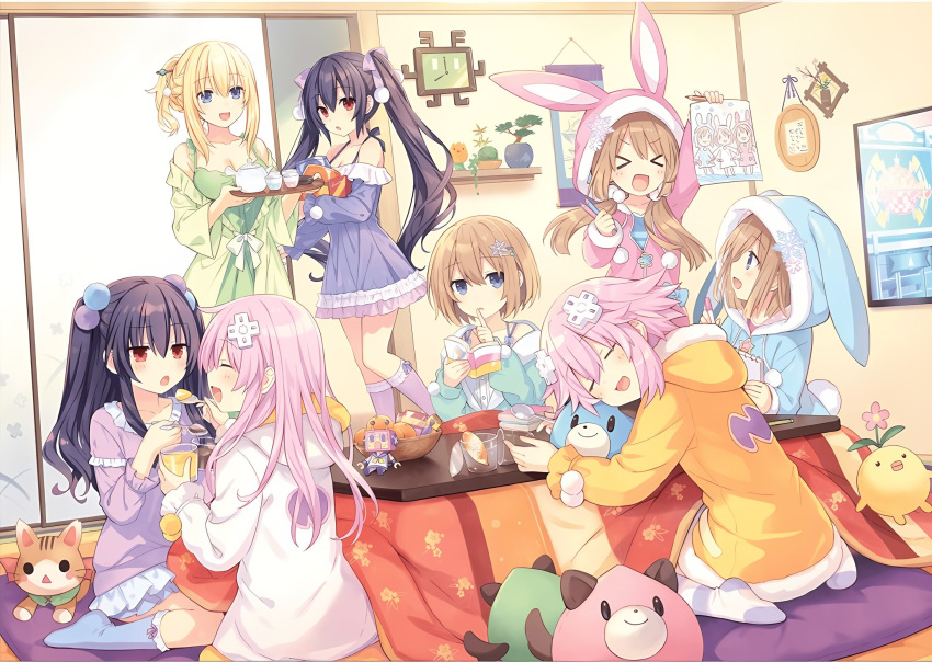 6+girls black_hair blanc_(neptune_series) blonde_hair blue_eyes book braid breasts brown_hair cup d-pad d-pad_hair_ornament french_braid garter_straps hair_ornament hair_ribbon highres long_hair medium_breasts multiple_girls nepgear neptune_(neptune_series) neptune_(series) noire_(neptune_series) official_art open_mouth purple_eyes purple_hair ram_(neptune_series) red_eyes ribbon rom_(neptune_series) short_hair siblings sisters smile source_request striped striped_legwear thighhighs third-party_source tsunako twins twintails two_side_up uni_(neptune_series) vert_(neptune_series) very_long_hair