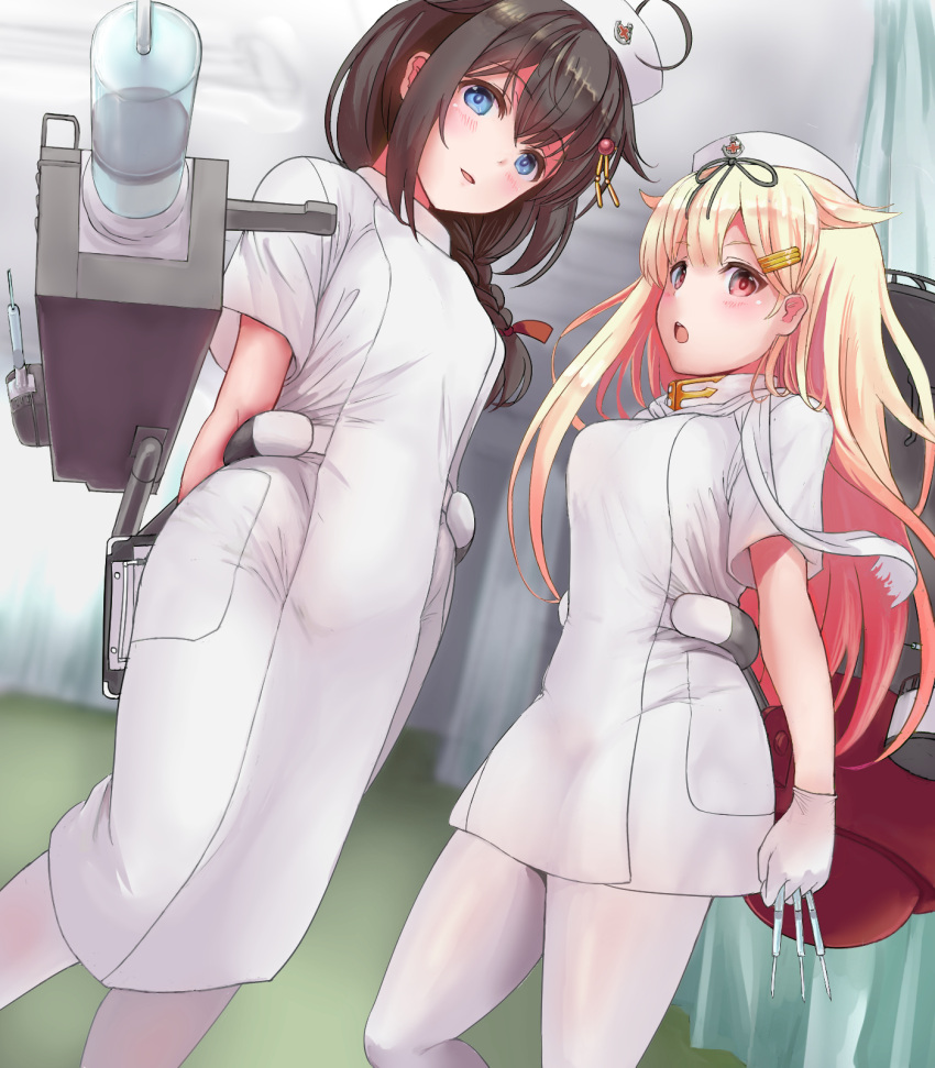 2girls ahoge black_ribbon blonde_hair blue_eyes blush braid brown_hair em_s eyebrows_visible_through_hair hair_between_eyes hair_flaps hair_ornament hair_ribbon hairclip hat highres kantai_collection long_hair multiple_girls nurse nurse_cap open_mouth pantyhose red_eyes remodel_(kantai_collection) ribbon shigure_(kancolle) short_sleeves single_braid syringe white_headwear white_legwear yuudachi_(kancolle)