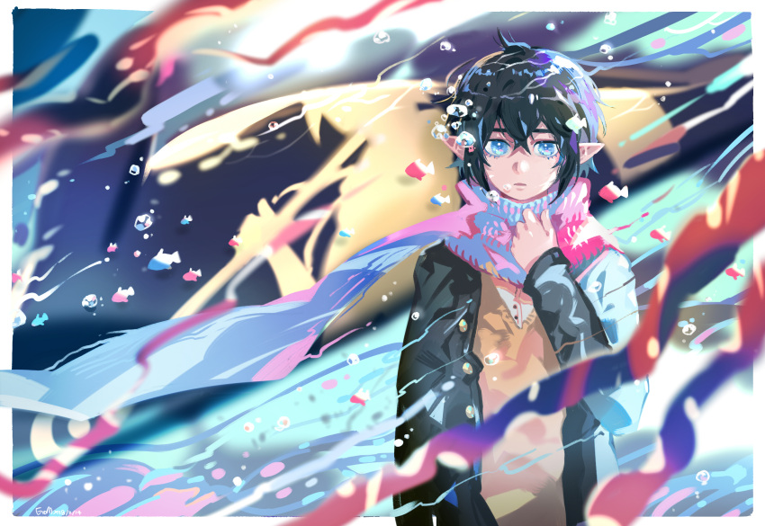 1boy air_bubble aotu_world artist_name bangs black_hair black_jacket blue_eyes blurry blurry_background blurry_foreground border brown_sweater bubble buttons camil_(aotu_world) chinese_commentary commentary_request crossed_bangs dated eromkk fish hair_between_eyes highres jacket long_sleeves looking_at_viewer male_focus open_clothes open_jacket outside_border parted_lips pointy_ears scarf short_hair solo straight-on sweater underwater white_border white_scarf