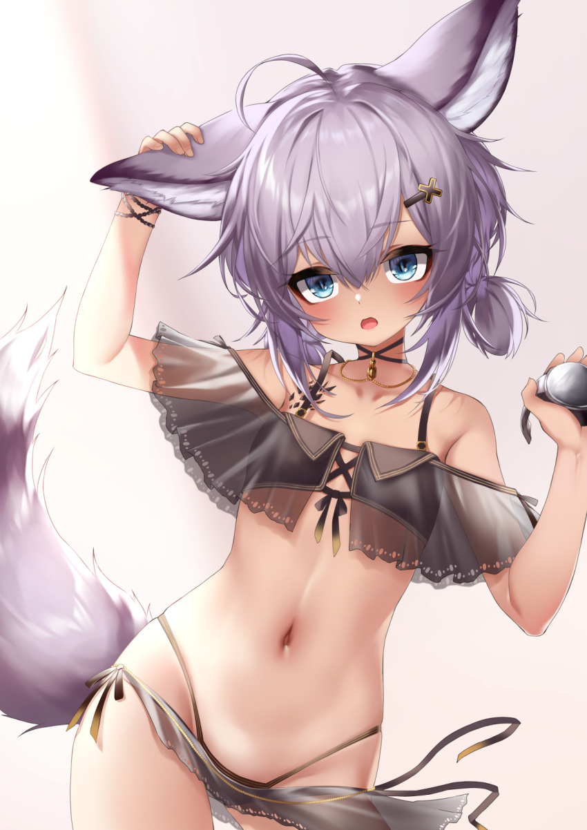 1girl ahoge animal_ears arknights arm_up bangs bare_shoulders bikini black_bikini blue_eyes blush collarbone commentary ehart eyebrows_visible_through_hair fox_ears fox_girl fox_tail hair_between_eyes hair_ornament hairclip hand_up head_tilt highleg highleg_bikini highres holding long_hair looking_at_viewer low_twintails navel open_mouth oripathy_lesion_(arknights) purple_hair see-through solo sussurro_(arknights) sussurro_(summer_flowers)_(arknights) swimsuit symbol-only_commentary tail twintails x_hair_ornament