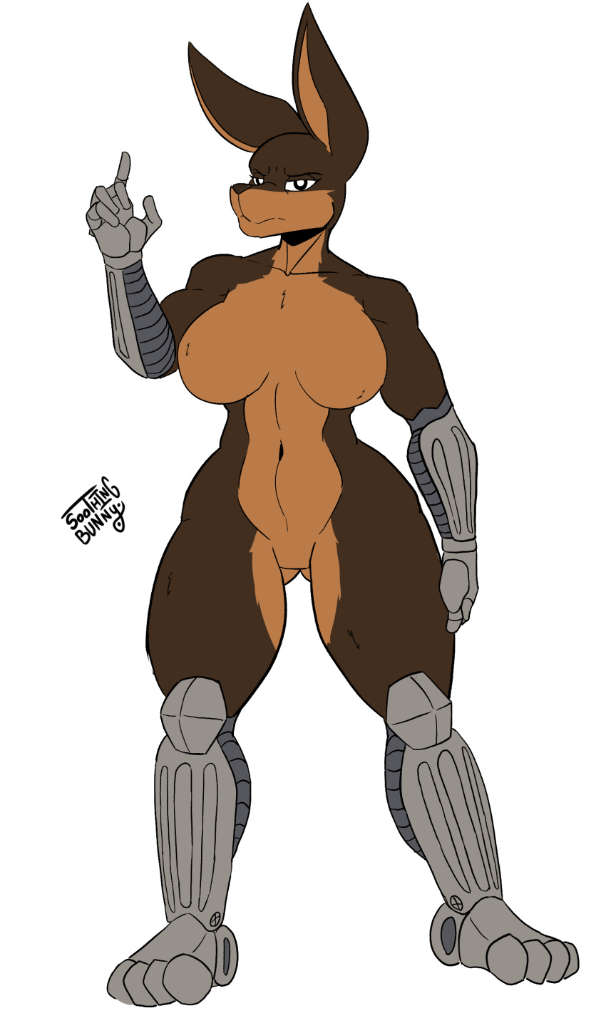 2022 absurd_res amputee anthro breasts brown_body brown_fur canid canine canis curvy_figure disability dobermann domestic_dog featureless_breasts featureless_crotch female fur hand_on_leg hi_res hourglass_figure long_ears mammal multicolored_body multicolored_fur navel pinscher pivoted_ears prosthetic prosthetic_arm prosthetic_foot prosthetic_hand prosthetic_leg prosthetic_limb simple_background solo soothingbunny thigh_thighs white_background