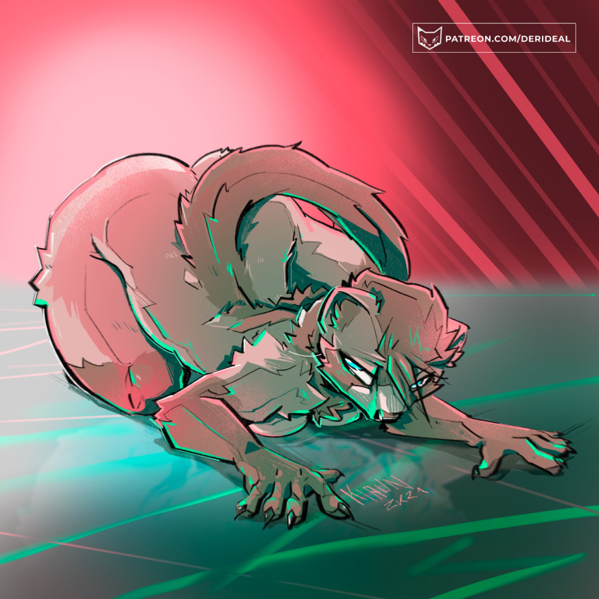 5_fingers anthro breasts domestic_ferret female fingers head_tuft hi_res kiaun kneeling looking_back lying mammal mix_(derideal) mustela mustelid musteline nude pinup pose reflection solo text true_musteline tuft