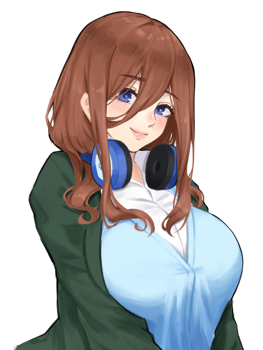 1girl absurdres blue_cardigan blue_eyes blush breasts brown_hair cardigan closed_mouth collared_shirt commentary eyebrows_visible_through_hair go-toubun_no_hanayome green_jacket headphones headphones_around_neck highres jacket konpeito_416 large_breasts nakano_miku shirt simple_background smile solo white_background white_shirt