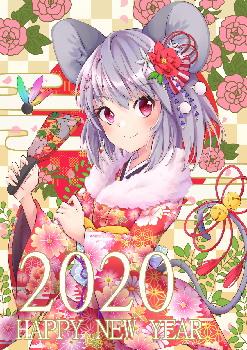 1girl 2020 absurdres animal_ears bangs bell checkered_background chinese_zodiac closed_mouth commentary egasumi eyebrows_visible_through_hair floral_background fur_scarf furisode grey_hair hagoita hair_ornament hane_(hanetsuki) hanetsuki happy_new_year highres japanese_clothes kimono long_sleeves looking_at_viewer mouse_ears mouse_girl mouse_tail nazrin new_year obi paddle print_kimono ramie_(ramie541) red_eyes red_kimono rising_sun sash short_hair smile solo standing sunburst tail tail_bell tail_ornament touhou wide_sleeves year_of_the_rat