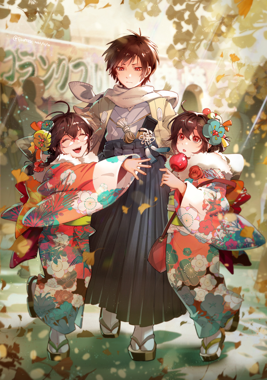 1boy 2girls absurdres back_bow bag black_hakama black_skirt bow braid brown_hair candy_apple child chinese_commentary chinese_knot chinese_text closed_eyes closed_mouth commentary_request dated day durarara!! eromkk floral_print flower food fur_collar ginkgo glasses green_sash hair_flower hair_ornament hakama hakama_skirt hand_up handbag haori highres holding holding_food japanese_clothes kimono long_sleeves looking_down multiple_girls obi open_mouth orihara_izaya orihara_kururi orihara_mairu outdoors pink-framed_eyewear pleated_skirt print_kimono red_bag red_bow red_eyes sash scarf semi-rimless_eyewear skirt smile tabi tassel tongue tongue_out tree twitter_username walking white_legwear white_scarf wide_sleeves zouri